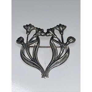 Vintage Unmarked Sterling Silver Flower Brooch Lilies Floral Open Work AL4.3